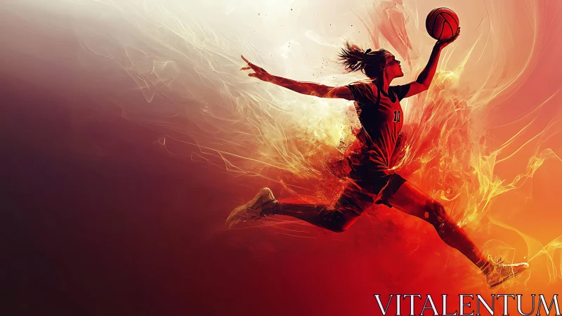 Dynamic female basketball dunk rendered with fiery motion trails
