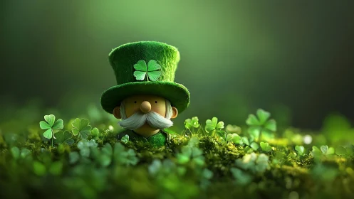 Whimsical leprechaun peeks from lush clover meadow at dawn