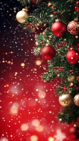 Crimson snowfall backdrop and glittering Christmas baubles.