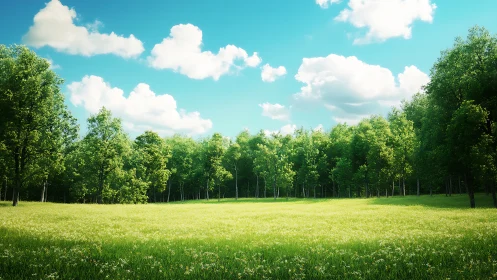 Sunlit meadow edge meets dense summer forest canopy.