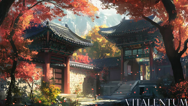 Serene temple courtyard basks in glowing autumn foliage.