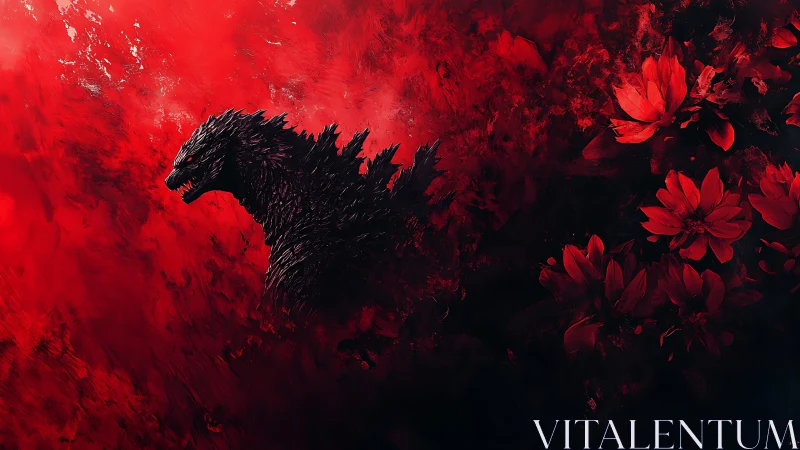 Dark kaiju silhouette over red abstract floral chaos.