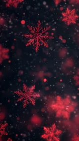 Red glowing snowflakes drift softly through dark winter sky