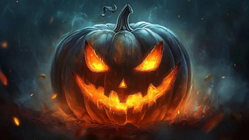 Fiery jack o’lantern grinning brightly on a misty night.