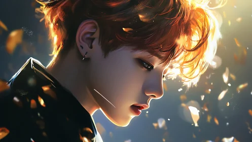 Side profile of red haired youth in warm glowing light.