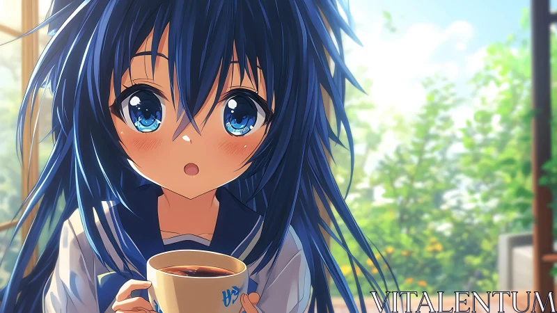 Blue haired anime girl holds coffee cup in bright interior