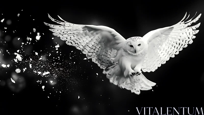 Majestic Snowy Owl in Flight with Wings Spread, Dramatic Black Background.