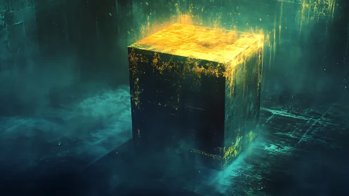 Mysterious glowing cube rests in a misty emerald chamber