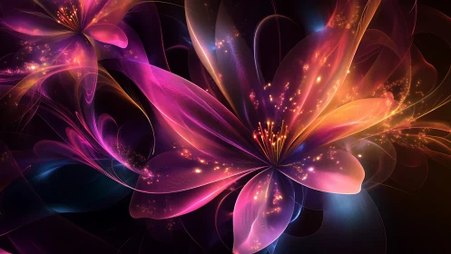Fractal floral light forms with layered translucent petals.