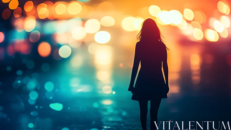 Silhouette of woman against colorful urban light bokeh.