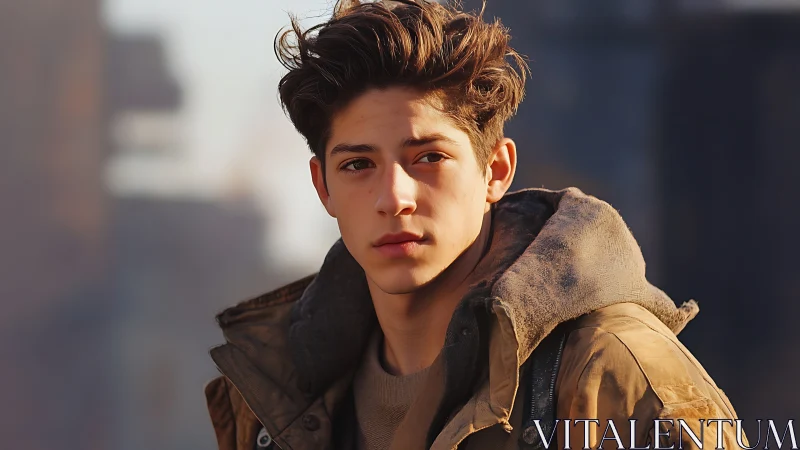 Quiet citylight portrait of a thoughtful young traveler.