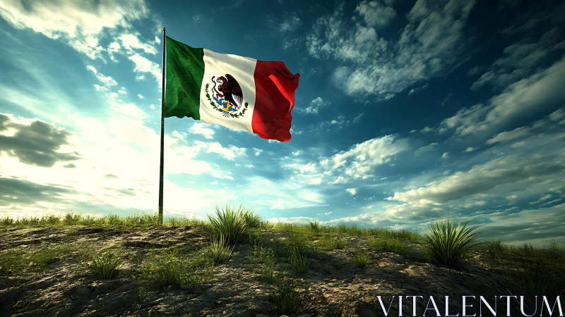 Mexican flag waves on a desert hill under expansive sky