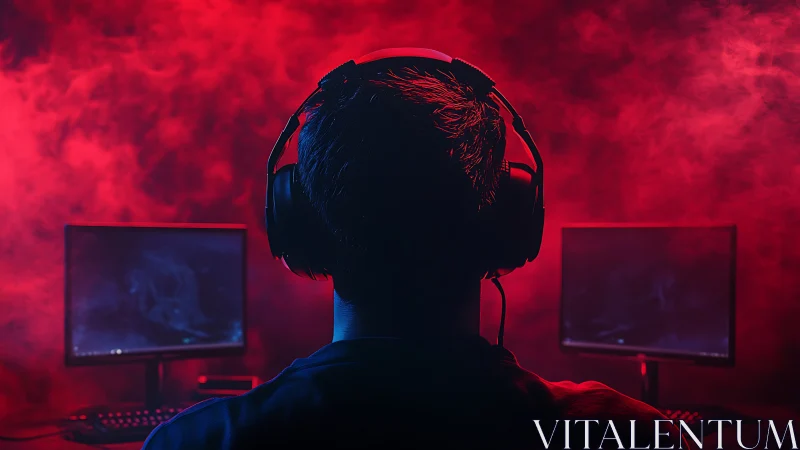 Gamer wearing headset in red lit dual monitor setup.