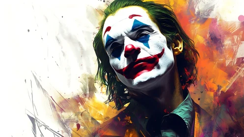 Chromatic portrait of painted trickster in volatile motion field.