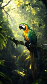 Vivid blue and gold macaw on mossy branch in rainforest.