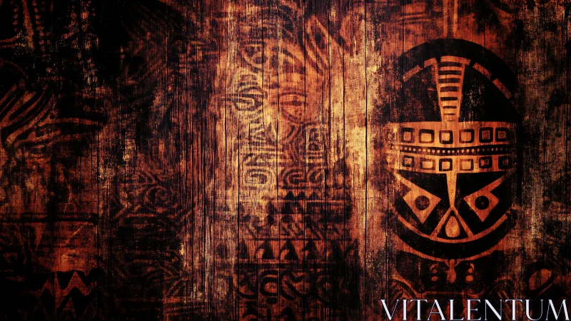 Rustic tribal mask mural glowing on weathered timber.