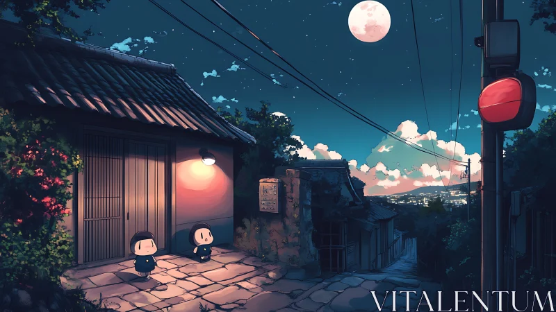 Cartoon children stand on moonlit hill street under red light