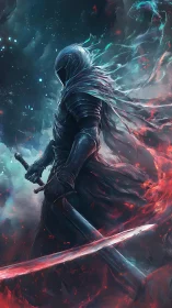 Spectral armored swordsman channels opposing elemental energy arcs