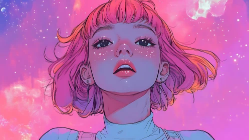 Neon haired girl gazes upward in dreamy cosmic glow
