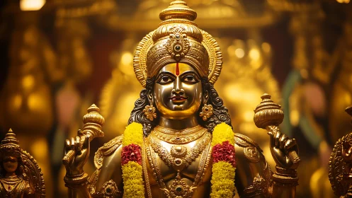 Central gilded deity statue is displayed in sharp frontal view