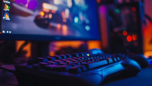 RGB backlit gaming keyboard in neon desktop workspace.