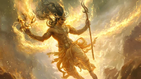 Radiant fire warrior strides through blazing golden sky