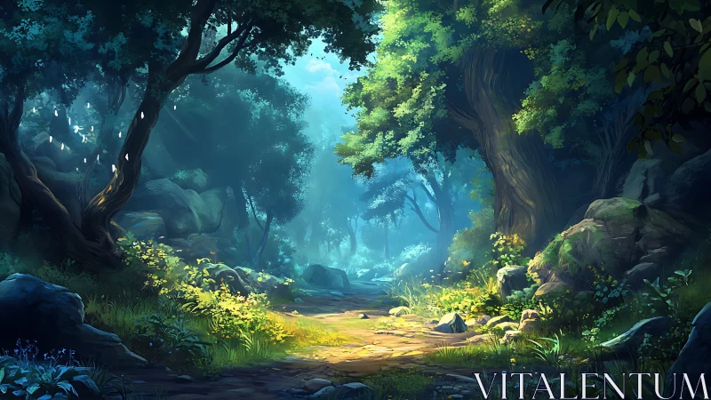 Forest clearing with directional light through canopy.