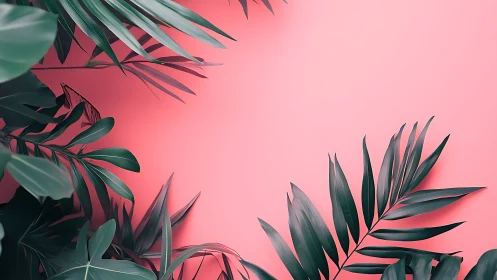 Tropical foliage framing coral pink minimalist backdrop.