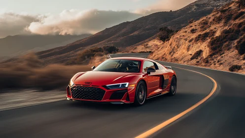 Red mid‑engine sports car cornering on a winding mountain highway