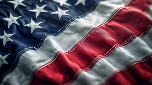 Close-up American flag fabric with vivid stitched stripes.