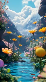 Flowered canyon stream flows beneath bright cumulus clouds