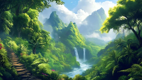 Verdant Valley's Cascade: Where Mountains Dance with Perpetual Bloom.