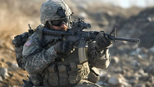 Modern infantry soldier aiming carbine rifle in rocky terrain
