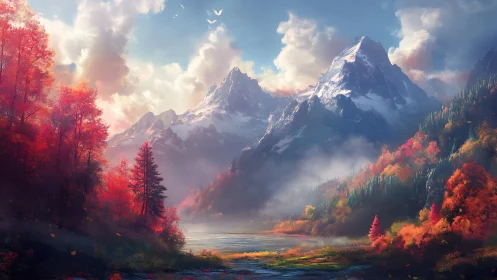 Autumnal mountain valley with lake and distant snow peaks.