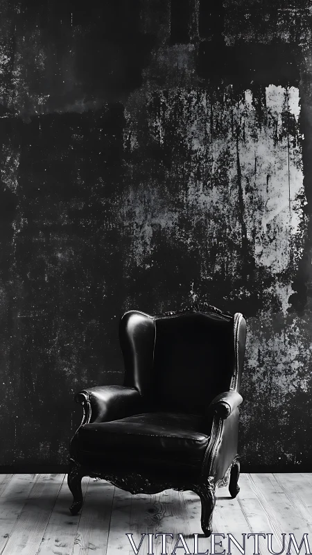 Baroque black leather armchair in moody industrial setting.