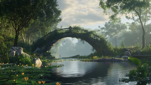 Stone arch bridge over misty forest pond at sunrise.