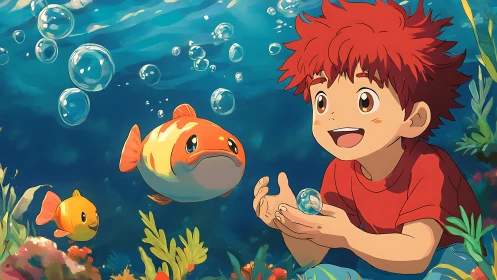 Child with cartoon fish underwater in colorful sea scene.