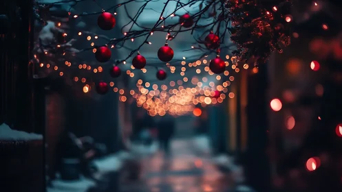 Snowy alleyway under glowing red festive string lights.