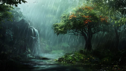 Rain-soaked forest waterfall frames luminous mossy stream