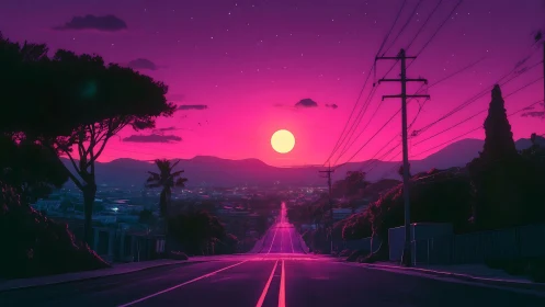 Urban roadway extends toward low horizon moon in magenta sky