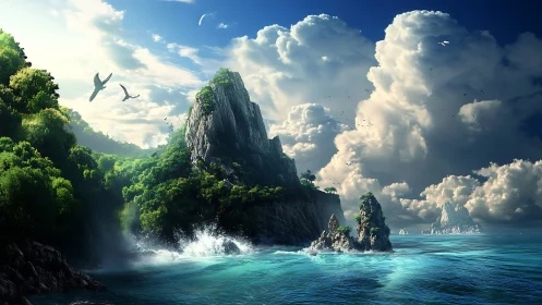 Steep rock formations rising from tropical ocean waters beneath expansive sky.