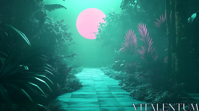 Neon lunar jungle corridor under volumetric turquoise haze.