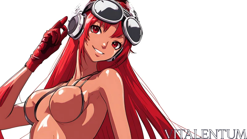 Dynamic red haired anime girl with aviation headset rendered sharply
