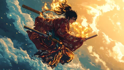 Skyborne samurai warrior wreathed in blazing sunset fire.
