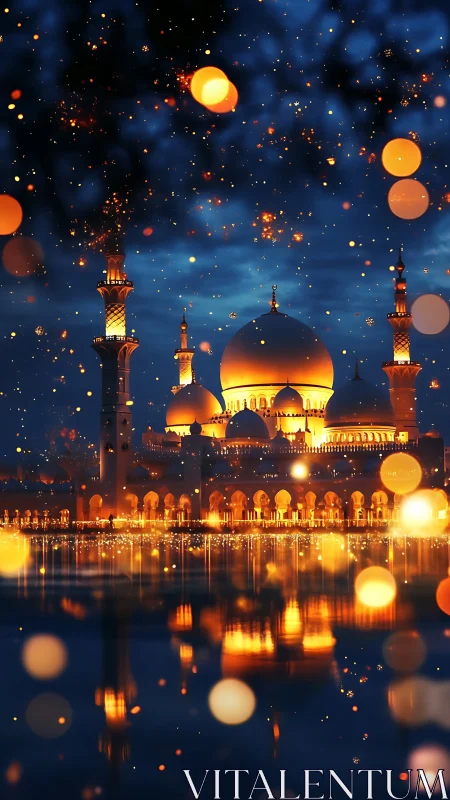 Illuminated domed mosque complex reflects across calm water