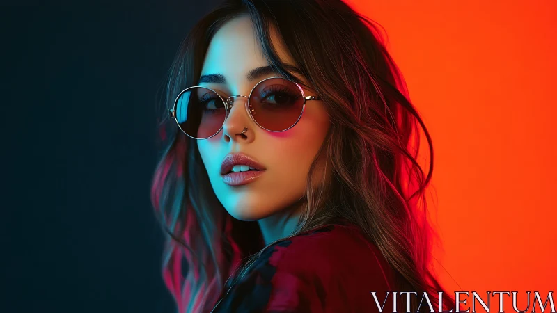 Neon-lit portrait unites cool cyan shadows and warm glow.