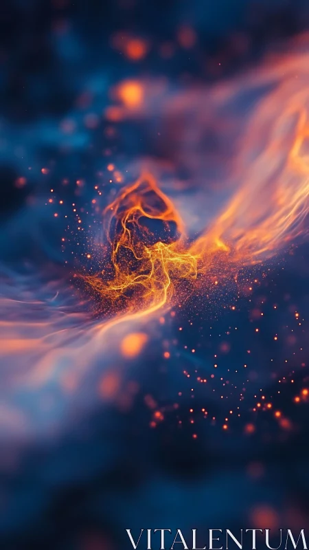 Abstract orange energy swirl on deep blue background.