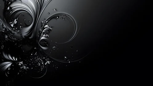 Elegant Abstract Black Swirl Design with Metallic Floral Accents.