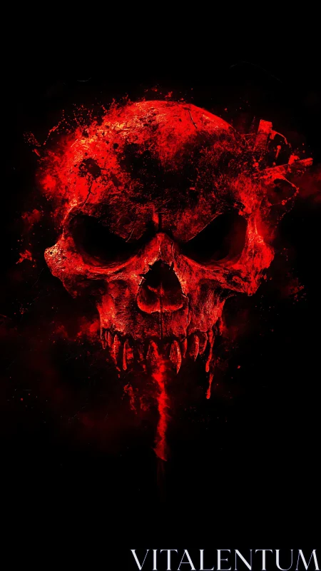 Blazing red skull erupts from darkness in intense abstract art