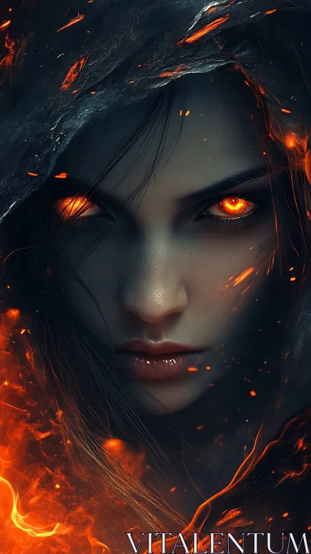 Infernal-eyed sorceress portrait with high-contrast fiery lighting